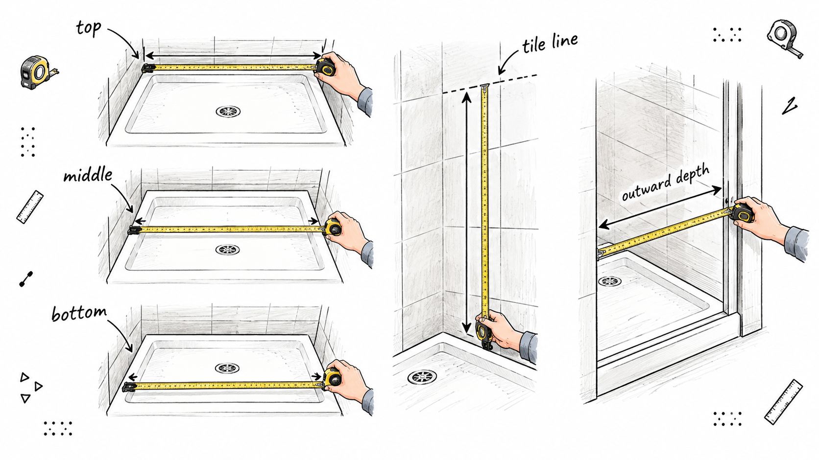 A diagram demonstrating how to measure a shower stall for installing glass shower doors accurately.