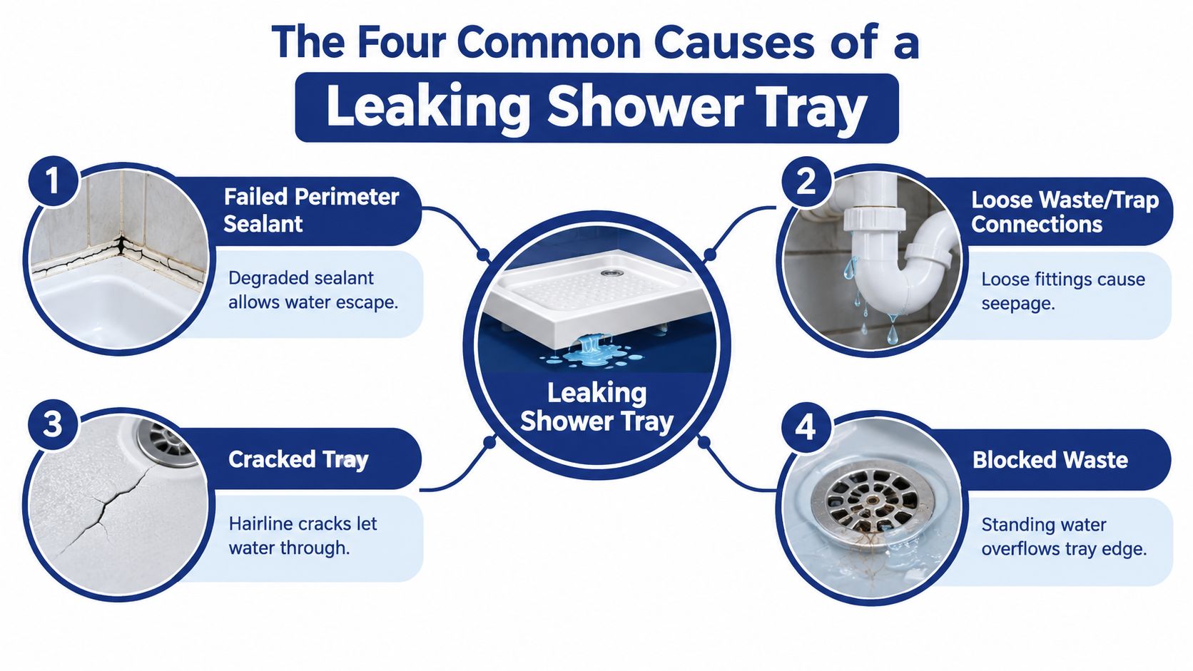 An infographic showing the four common causes of a leaking shower tray including sealant, connections, and cracks.