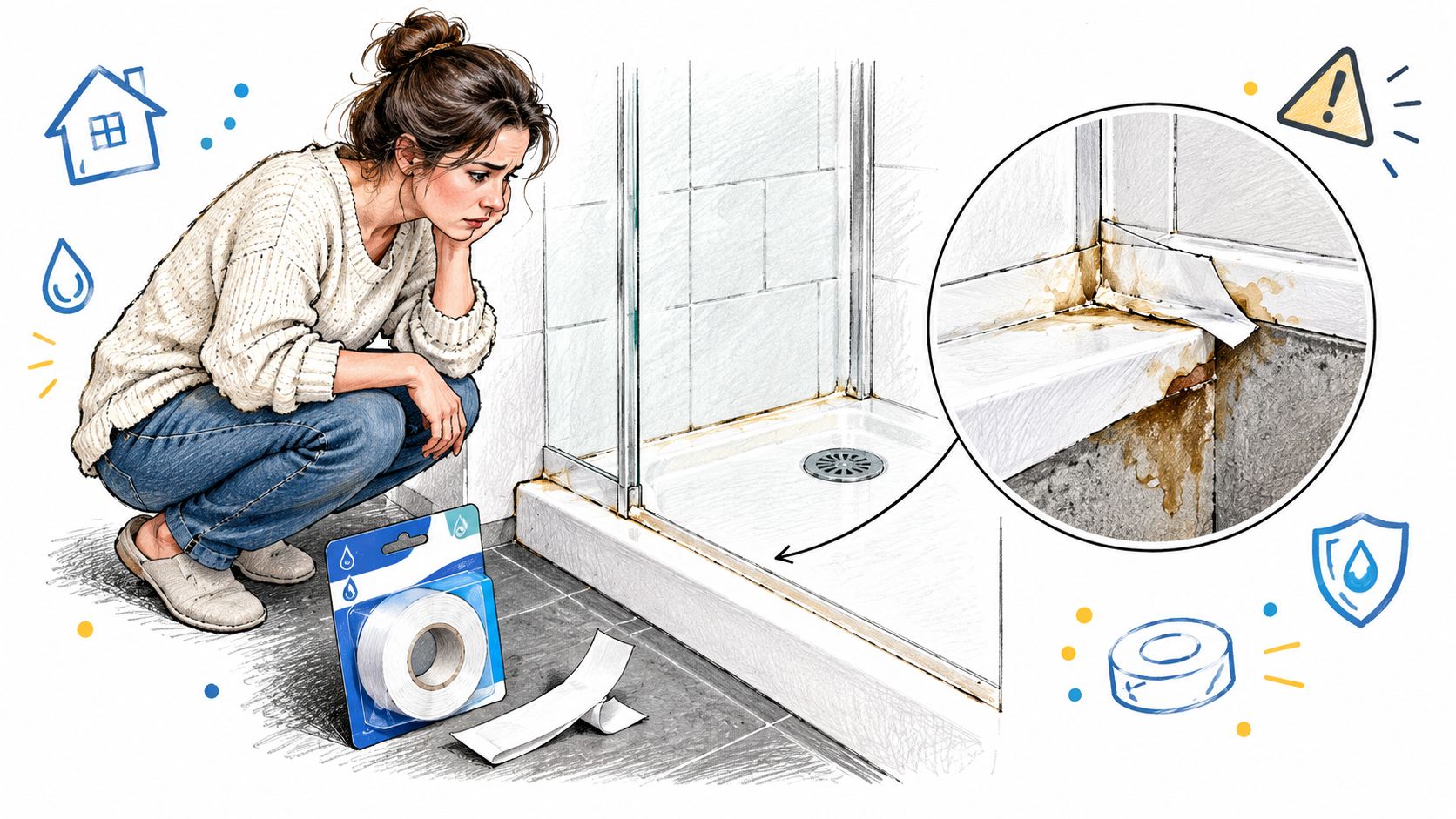 A woman crouches on a bathroom floor, concerned about a leaking shower tray and water damage.