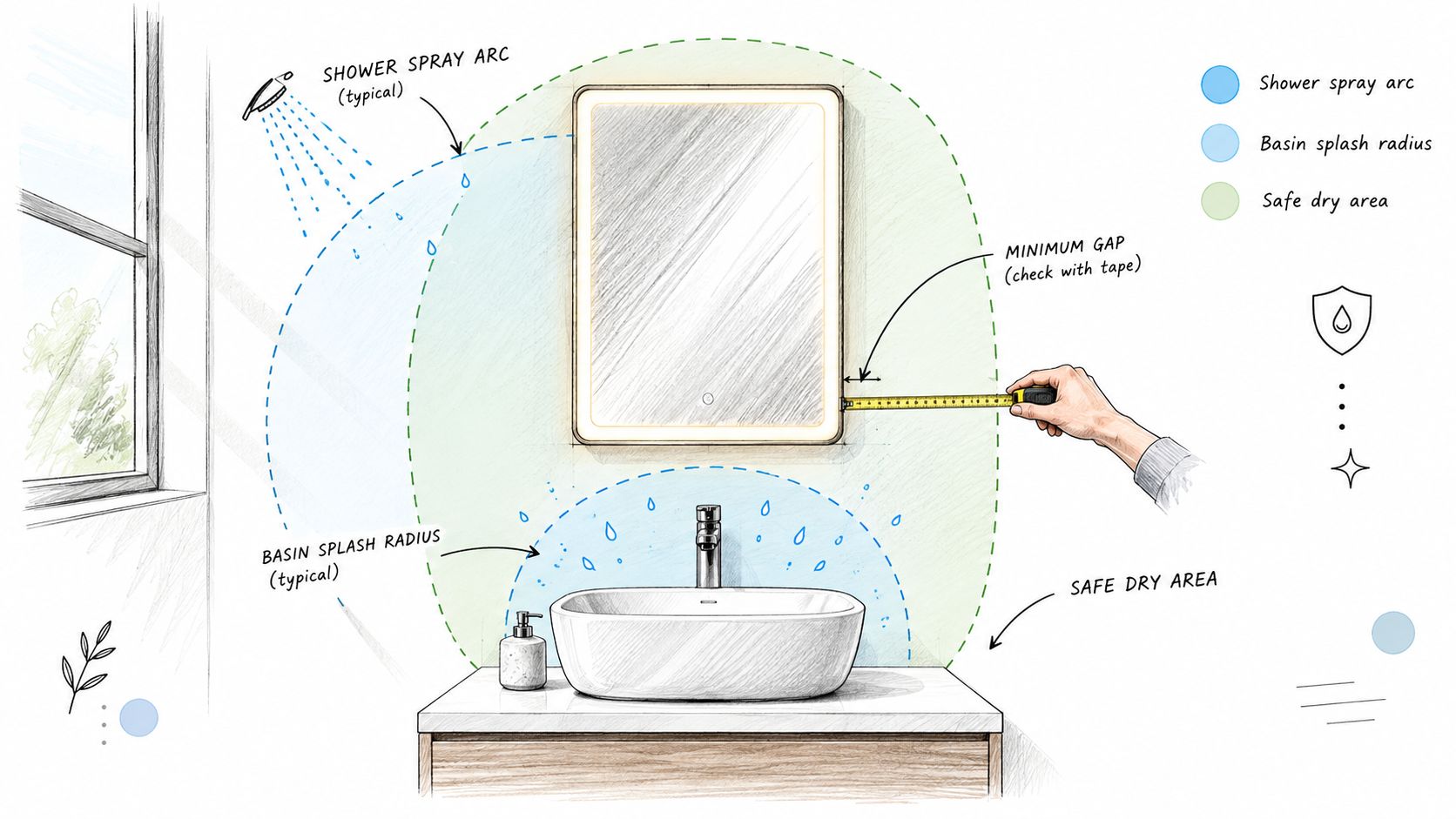 A diagram demonstrating the safe installation spacing for illuminated bathroom mirrors to avoid water splash zones.