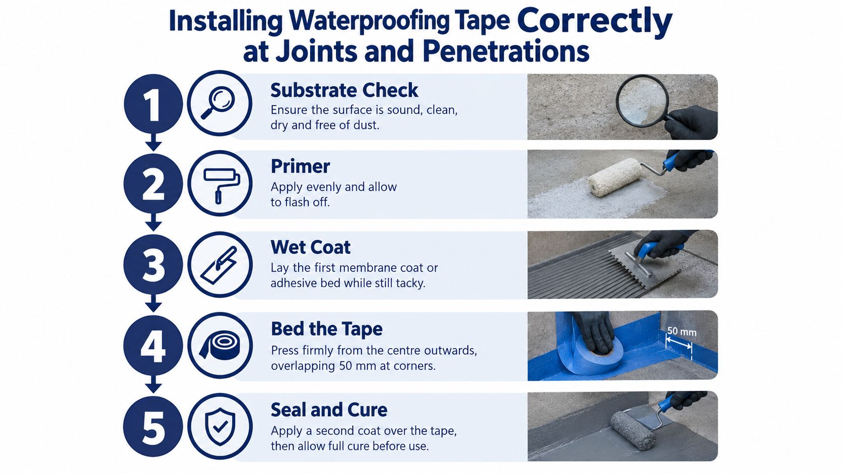 A five-step guide on how to properly install waterproofing tape at joints and penetrations for construction.