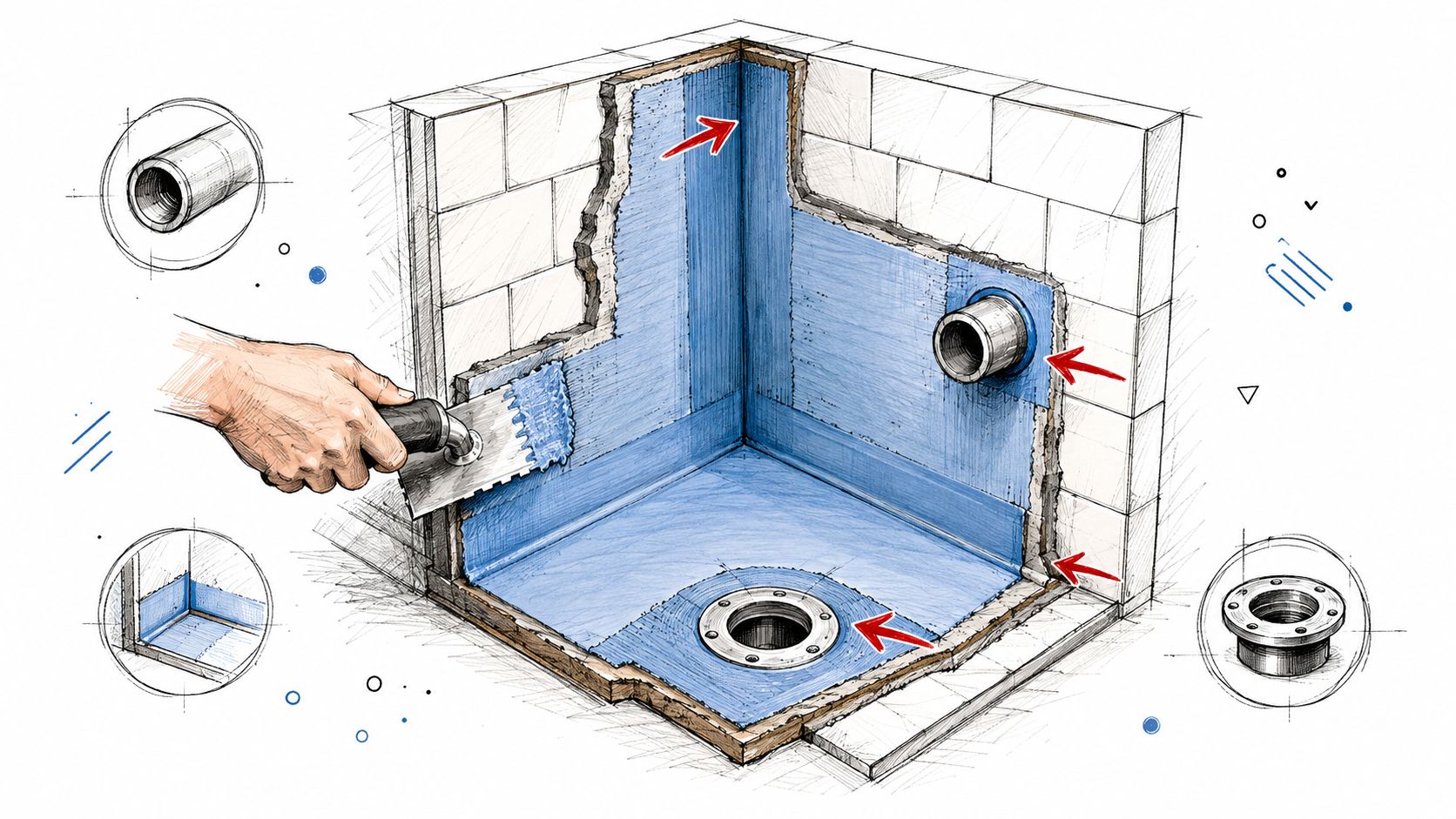 A hand using a trowel to apply waterproof blue membrane to a shower wall and floor corner.