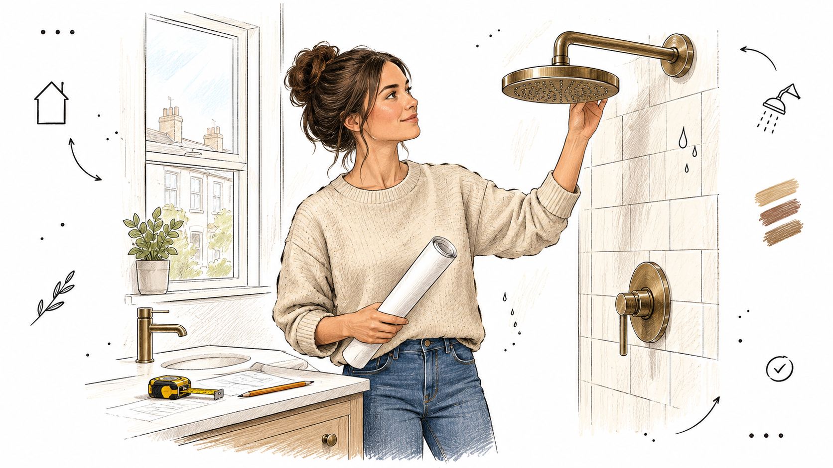A woman in a cozy sweater planning a bathroom renovation, holding blueprints near a brushed bronze shower fixture.