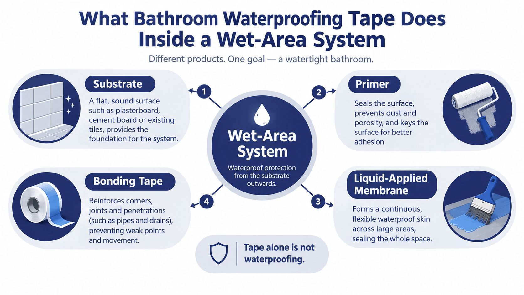 An infographic showing the four essential components of a bathroom wet-area waterproofing system, including tape application.