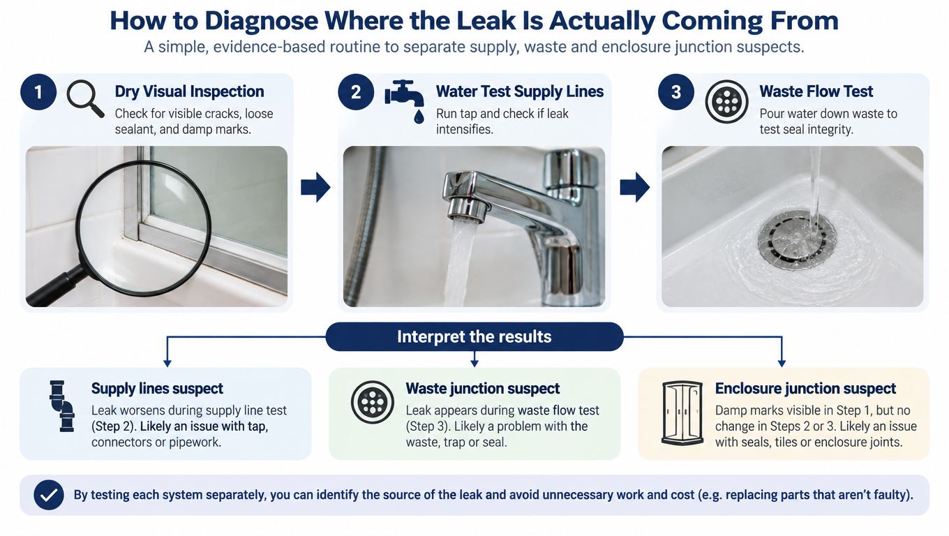 A three-step infographic on how to diagnose a leaking shower tray using visual and water flow tests.