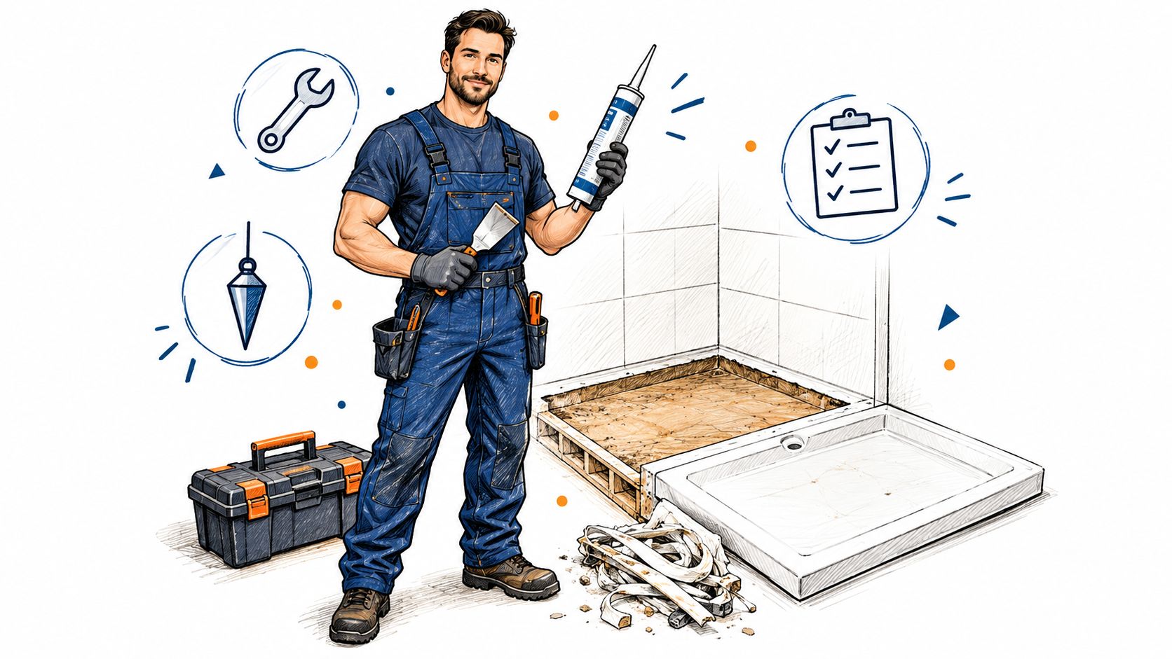 A professional tradesman with tools and a shower tray base, illustrating a leaking shower tray repair project.