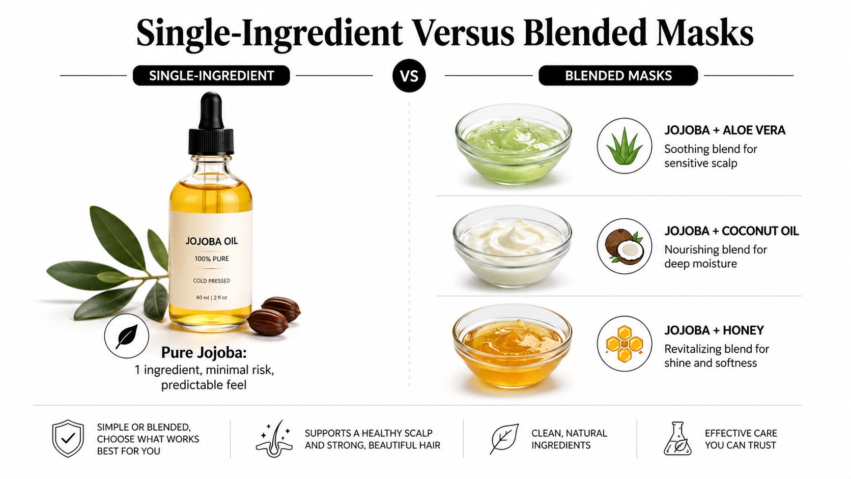 A comparison chart showing single-ingredient jojoba oil versus various blended hair mask recipes for scalp care.