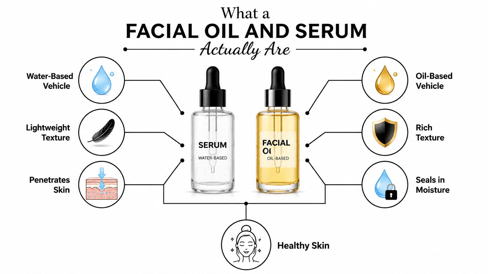 An infographic comparing the differences between water-based serums and oil-based facial oils for skincare routines.