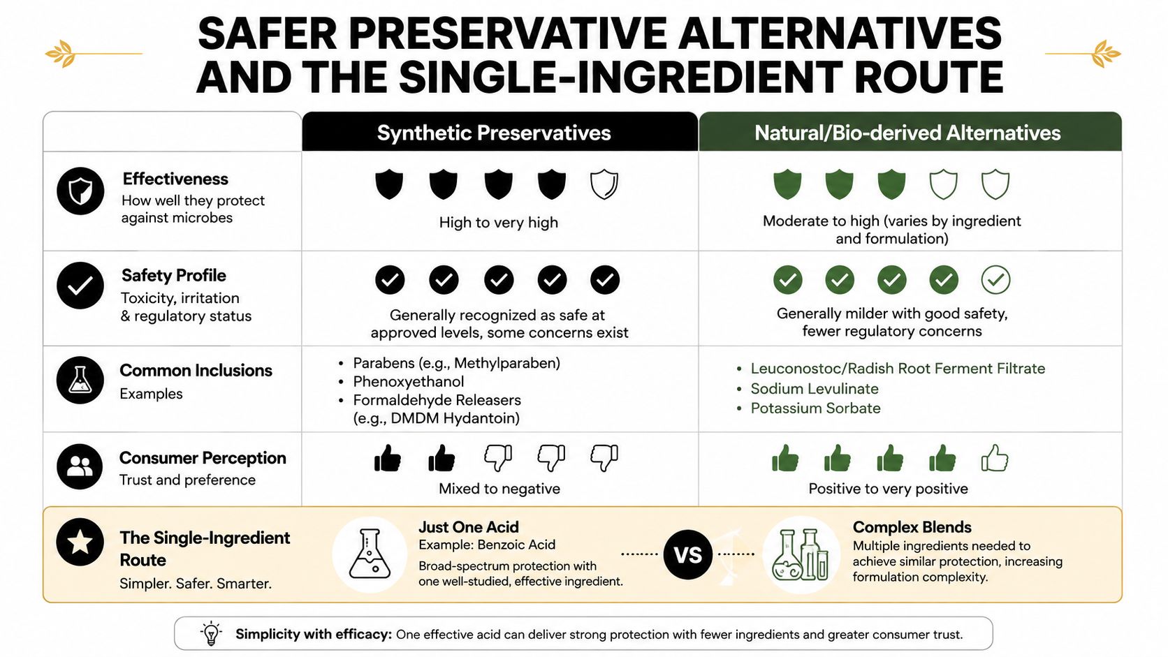 A comparison chart showing the pros and cons of synthetic preservatives versus natural alternatives in beauty products.
