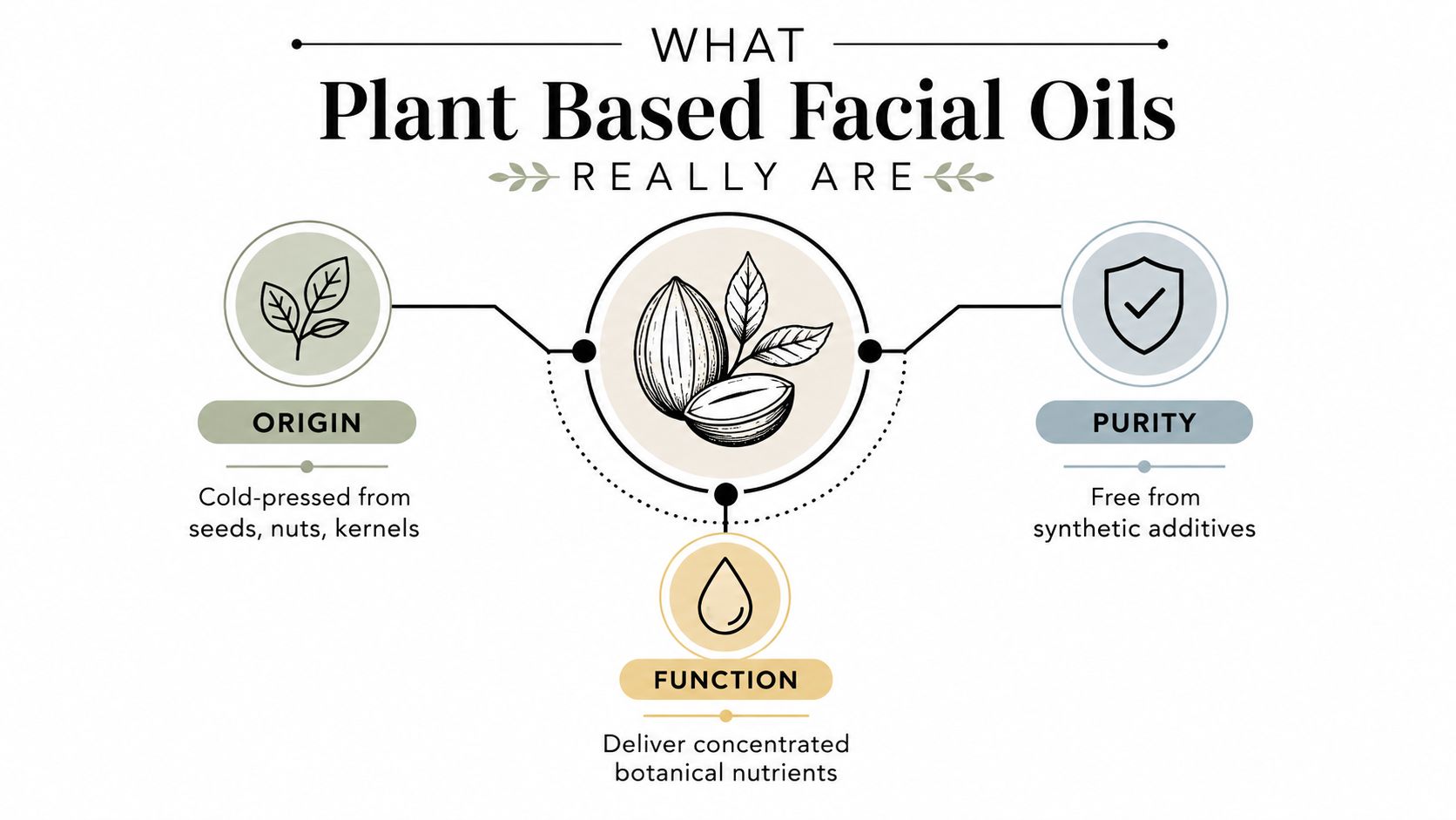 An infographic detailing that plant based facial oils are cold-pressed, pure, and rich in botanical nutrients.