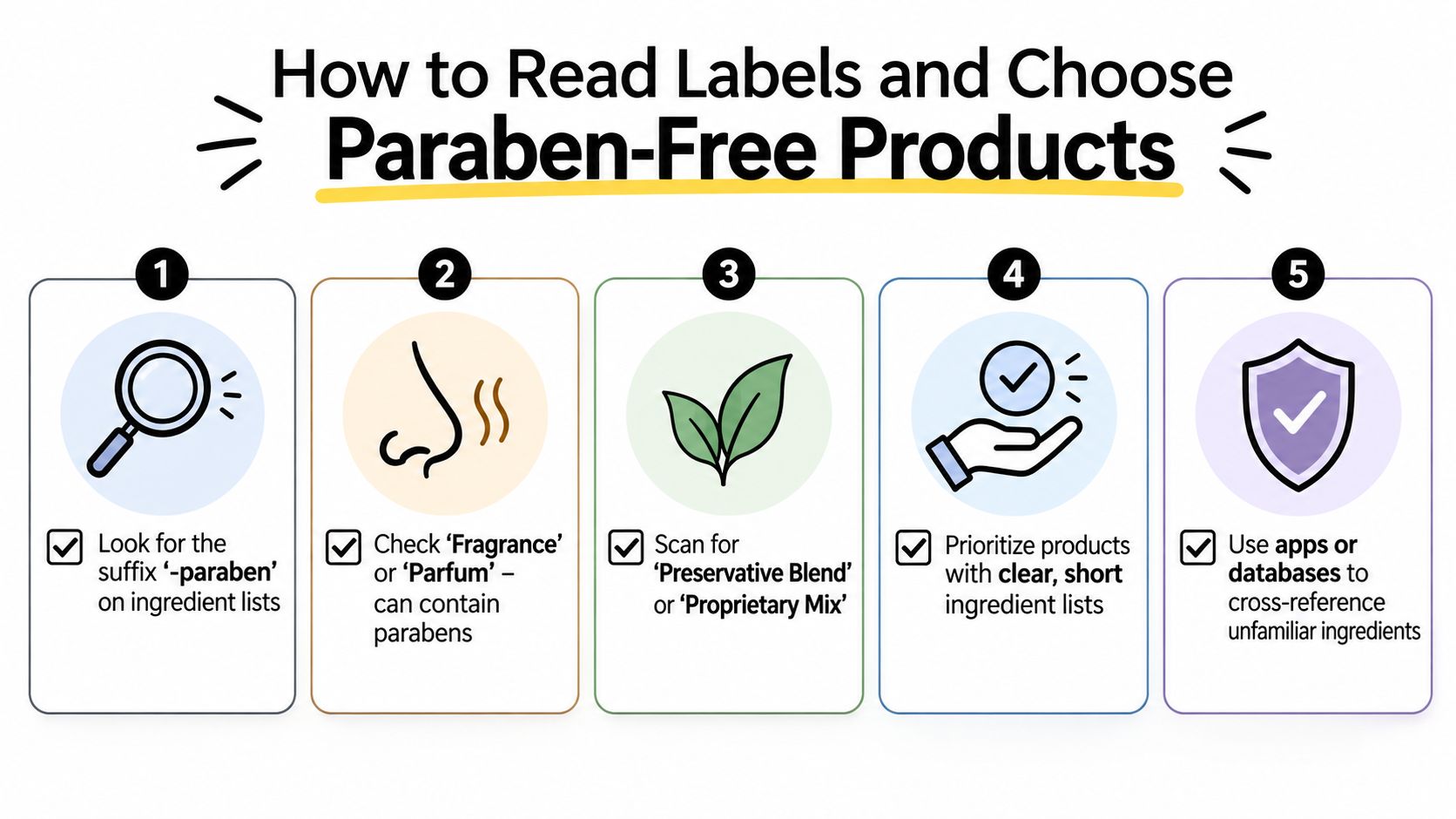 A five-step guide on how to read product labels and identify paraben-free beauty and skincare products.