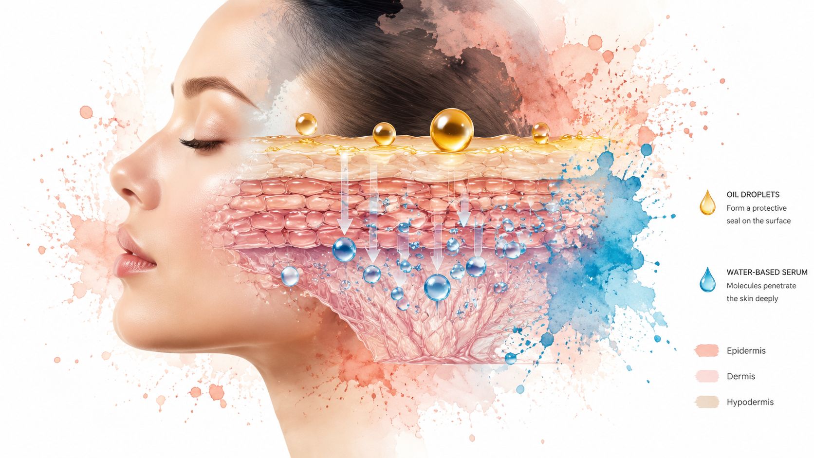 A diagram showing how facial oil and water-based serum penetrate the layers of human skin.