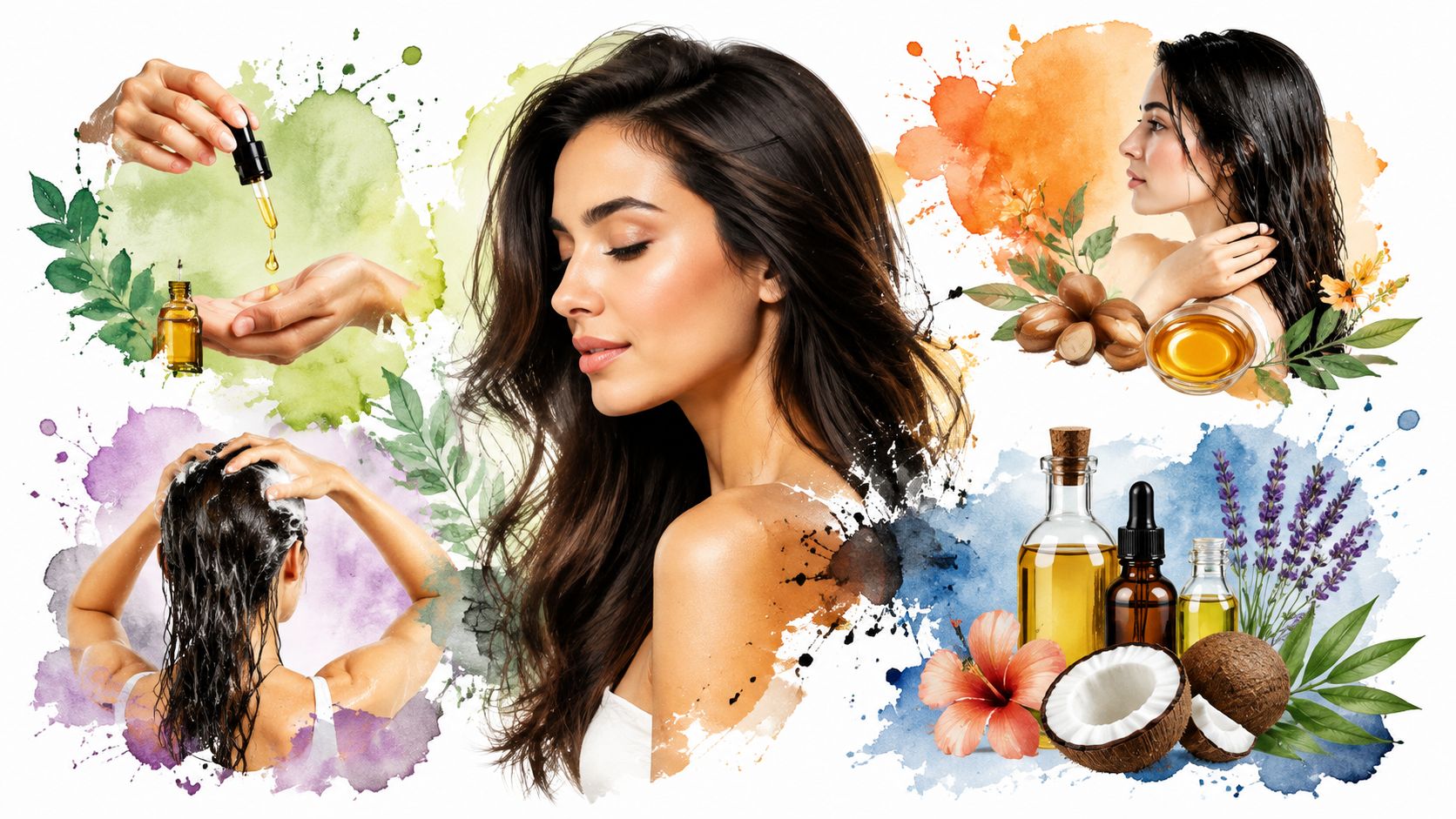 A collage featuring a woman with beautiful hair alongside natural ingredients like coconut, lavender, and hair oils.