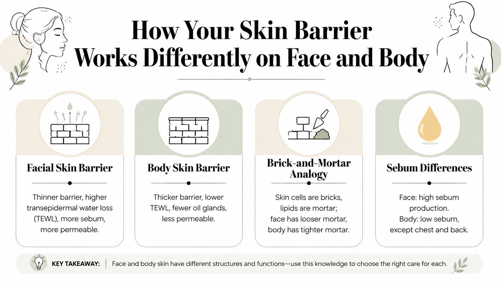 An infographic comparing skin barrier characteristics between the face and body including sebum levels and permeability.