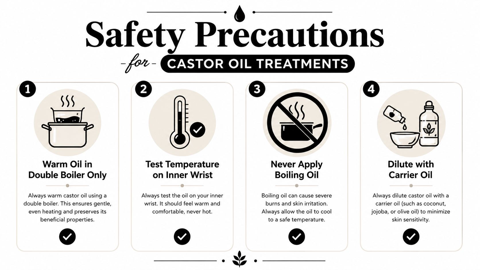 A safety infographic titled Safety Precautions for Castor Oil Treatments featuring four numbered steps with icons.