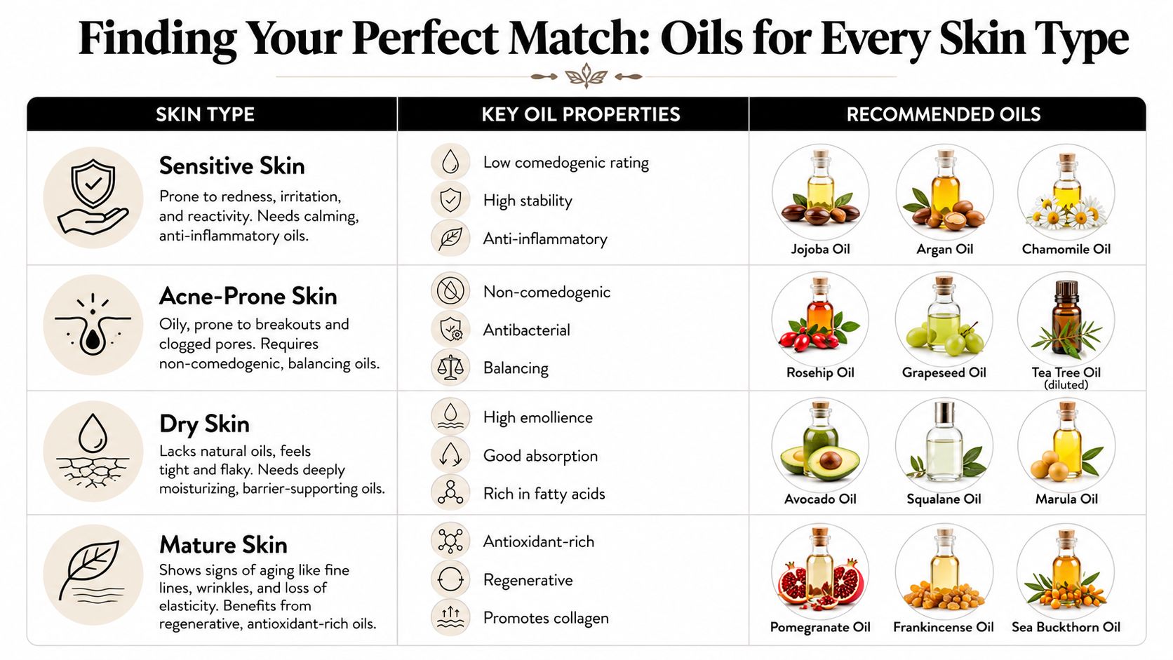 A helpful chart detailing recommended natural oils for different skin types including sensitive, acne-prone, dry, and mature.