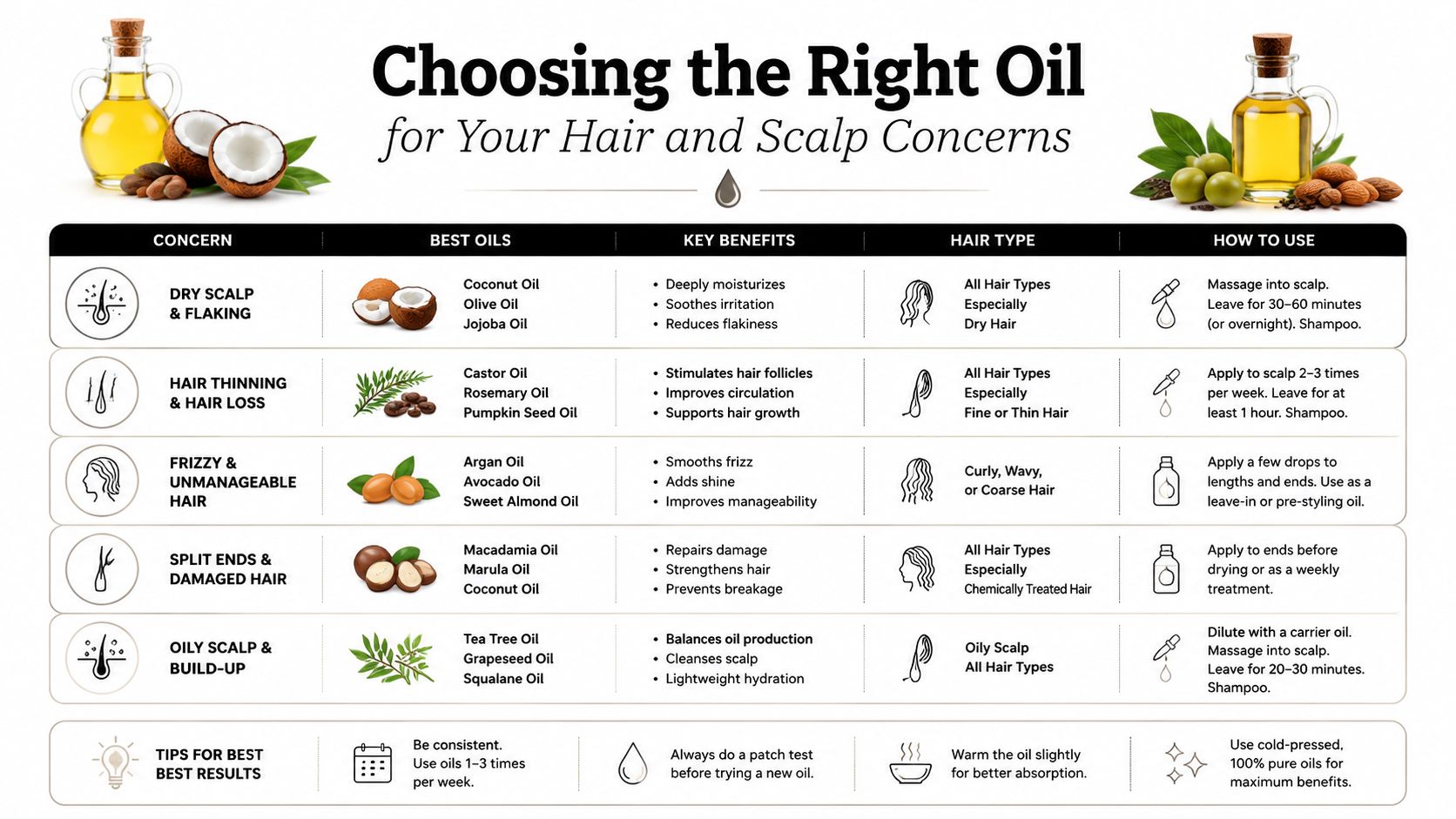 A helpful infographic guide detailing the best natural oils for various hair and scalp concerns.