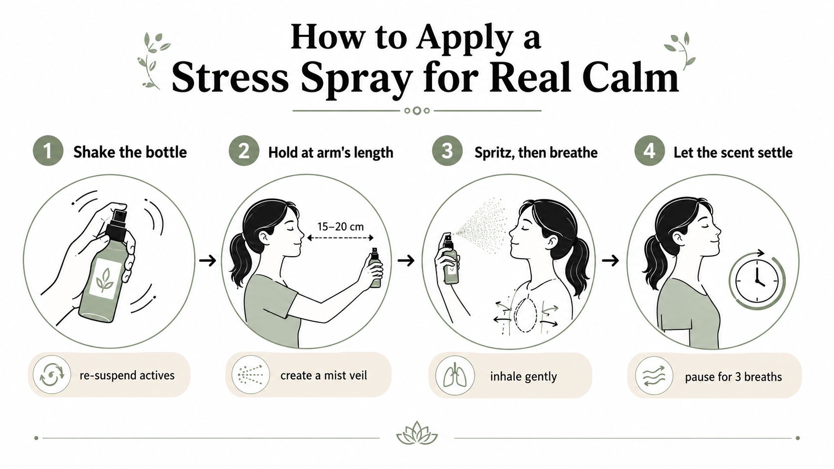 A four-step infographic explaining how to properly apply a stress relief spray for optimal calming results.