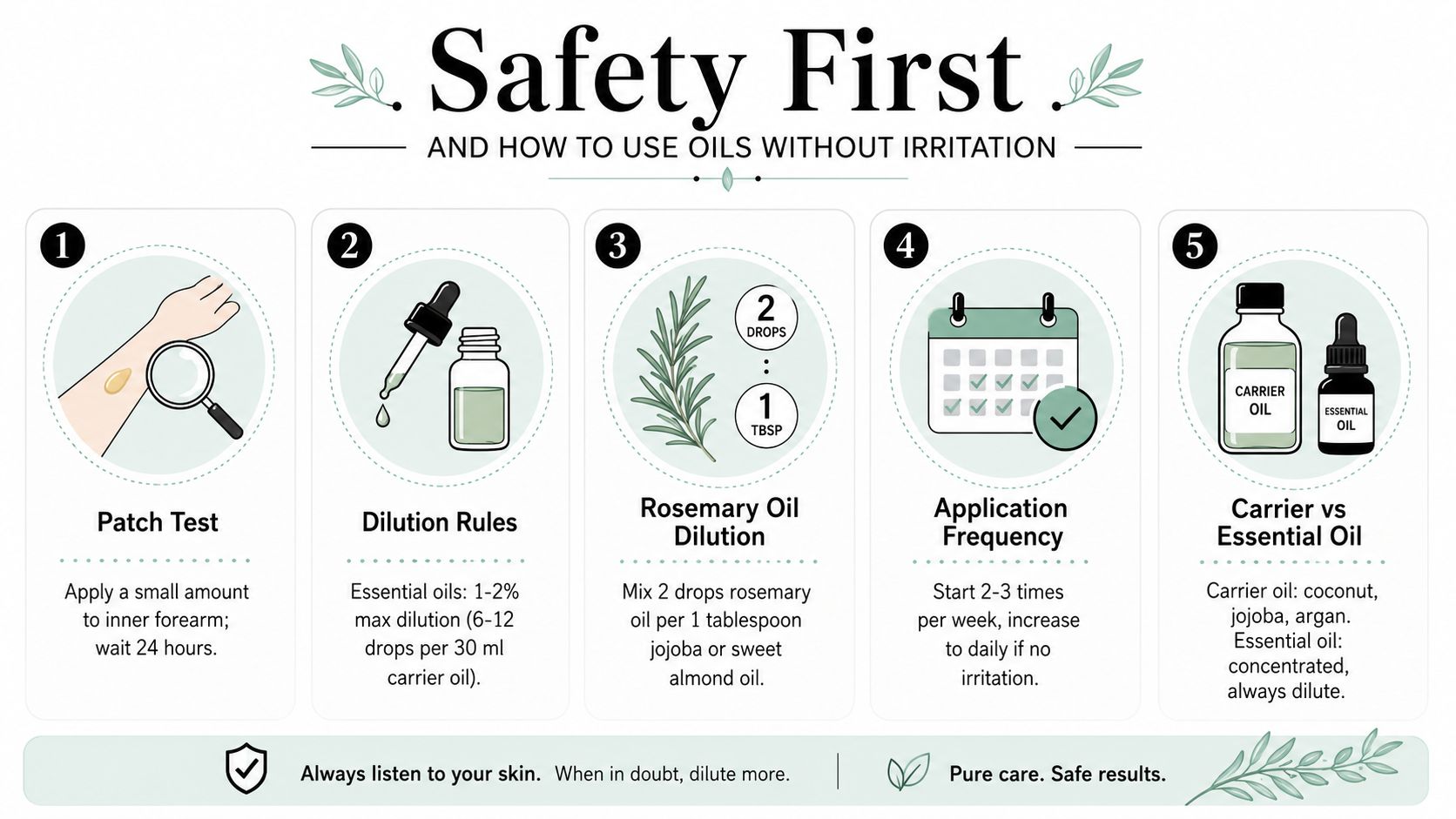 An infographic detailing five essential safety rules for applying essential oils to the skin without irritation.