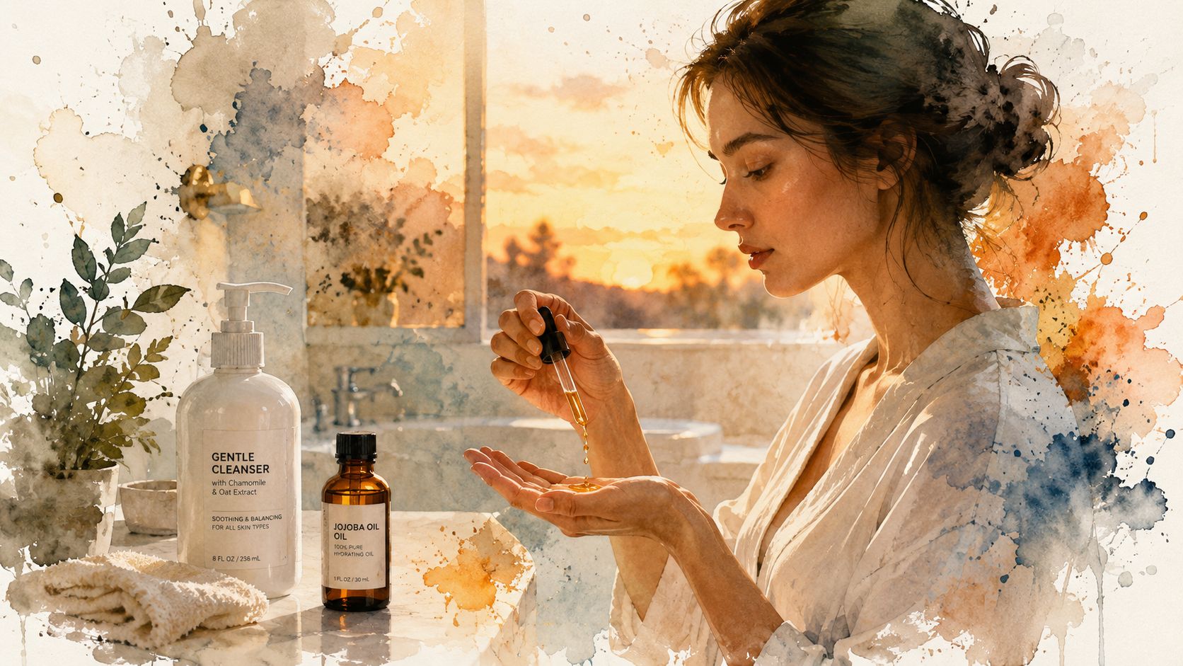 A young woman applying a drop of jojoba oil to her palm in a sunlit bathroom.