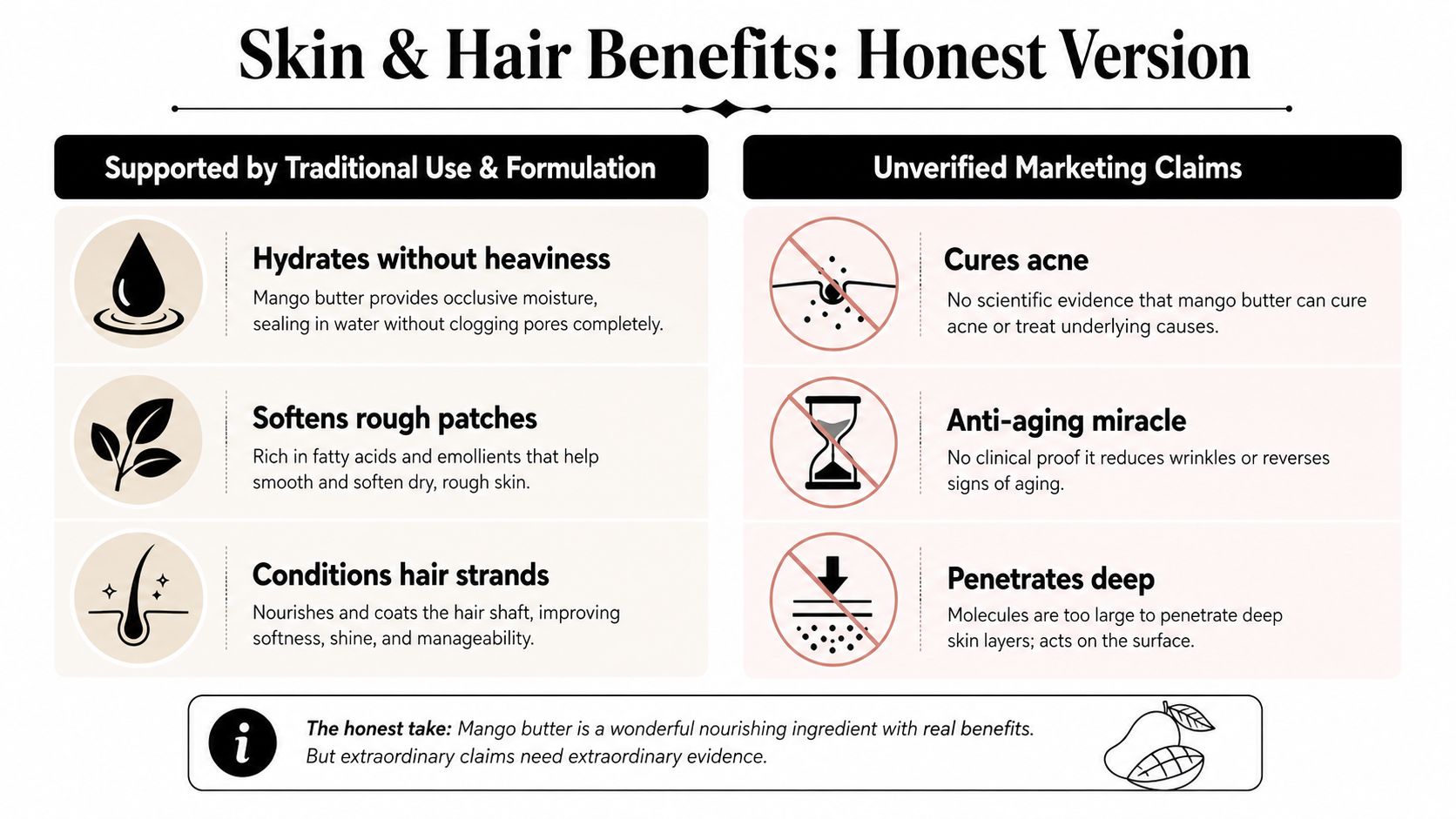 A comparative infographic detailing the legitimate benefits of raw mango butter versus common unverified marketing claims.