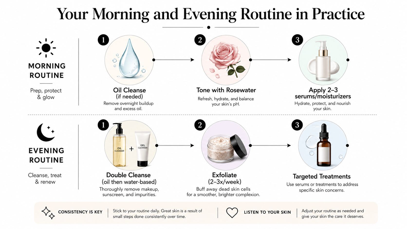 An informative infographic detailing a simple natural skincare routine with three steps for both morning and evening.