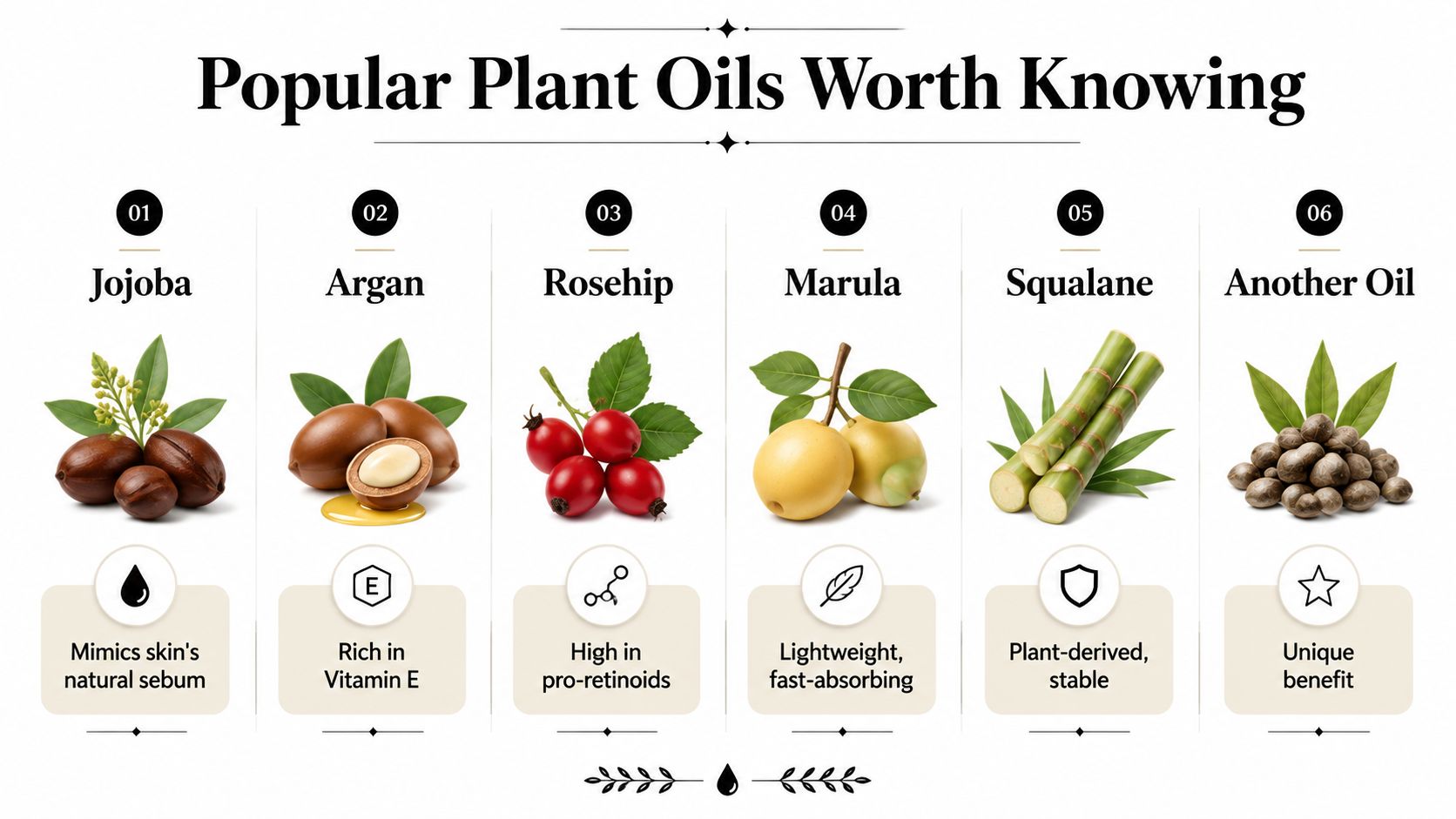 An infographic showing six popular plant based facial oils including jojoba, argan, rosehip, marula, squalane and another oil.