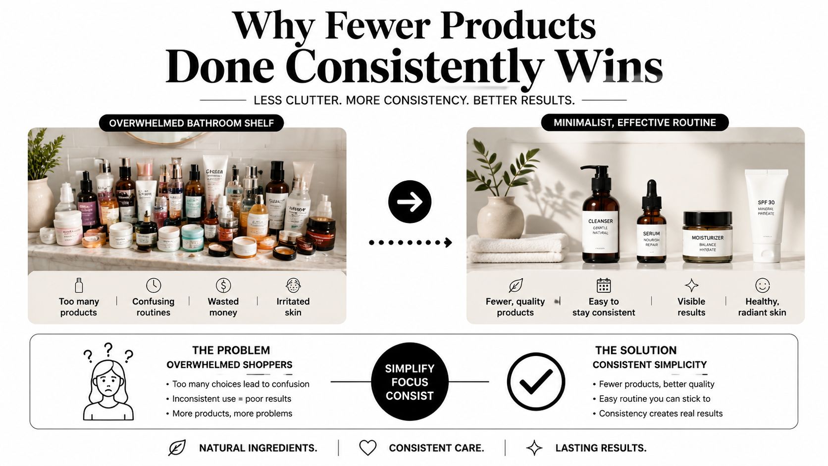 A comparison infographic showing an overwhelming, cluttered shelf of skincare products versus a simple, effective routine.