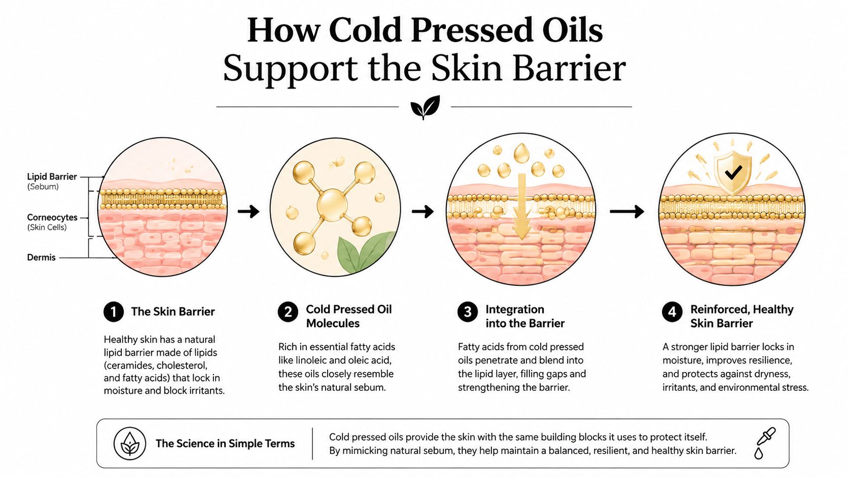 A four-step infographic showing how cold pressed oils integrate into the skin barrier to lock in moisture.