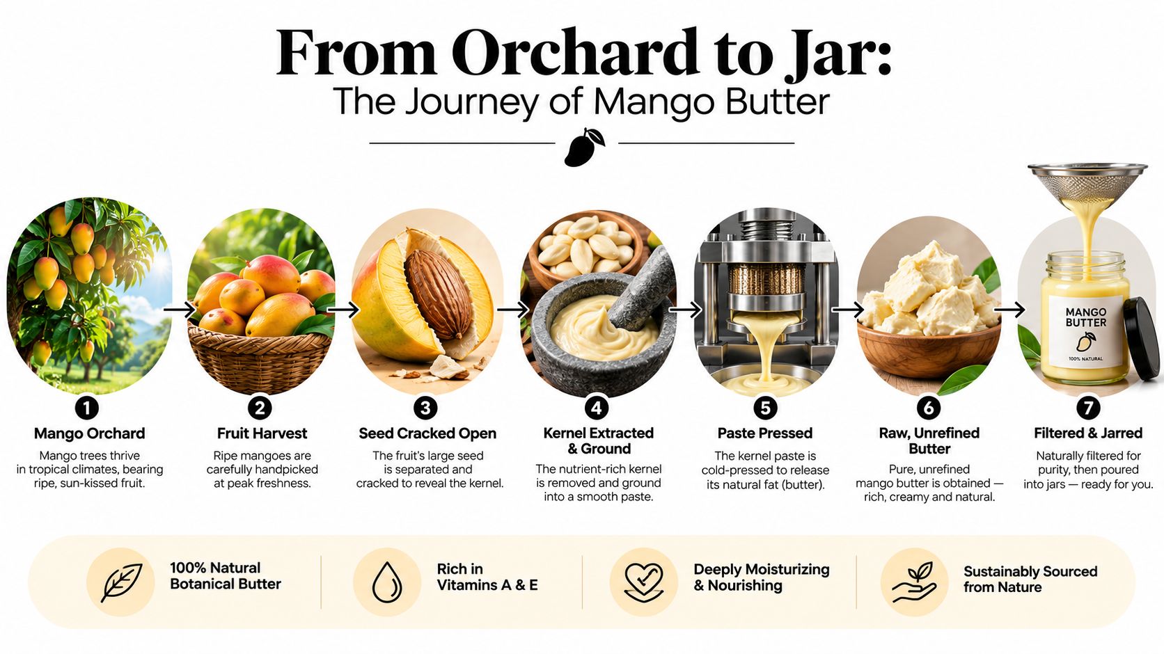 An infographic illustrating the step-by-step production process of natural mango butter from orchard to jar.