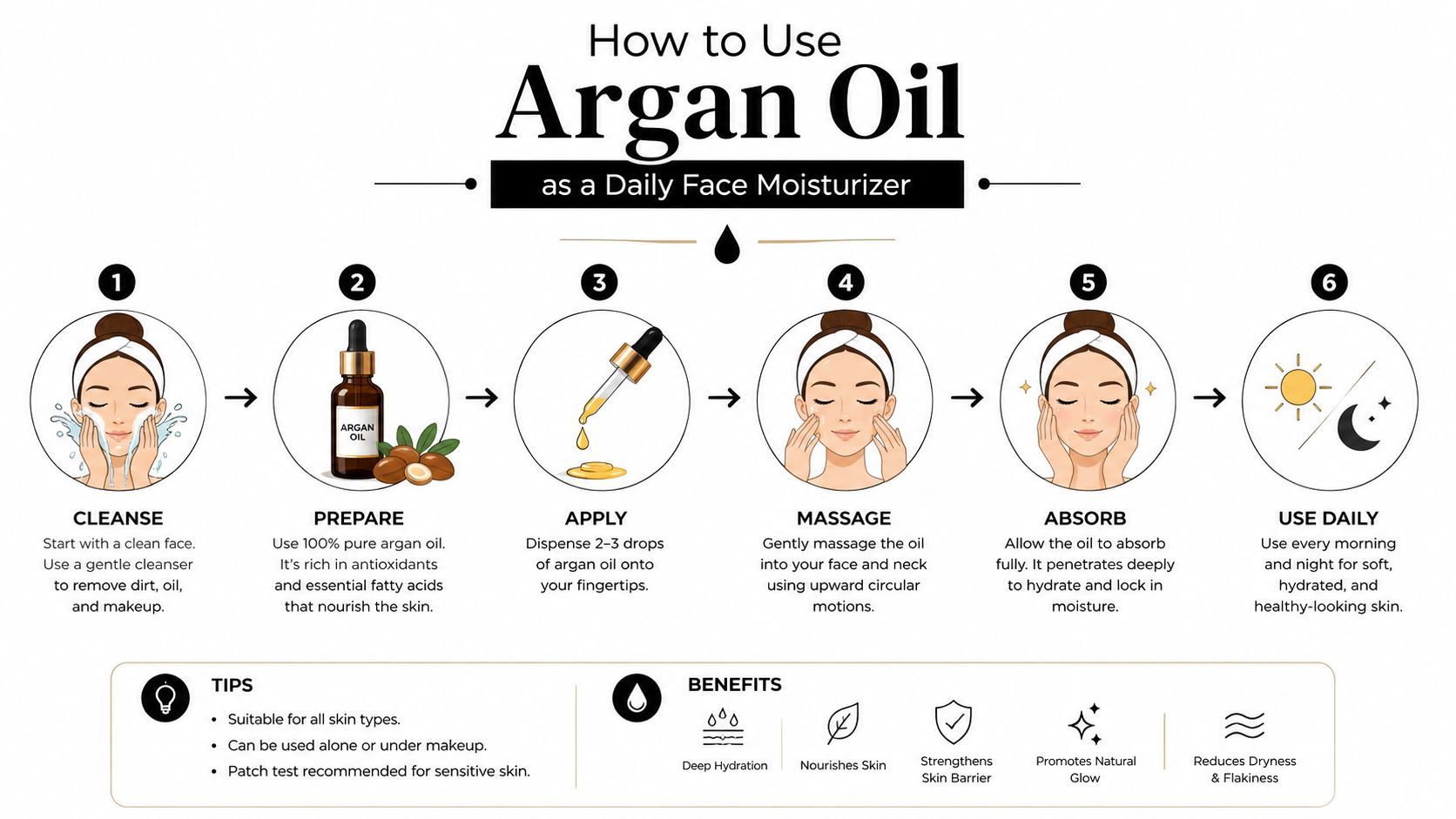 A step-by-step instructional infographic on how to apply argan oil as a daily face moisturizer.