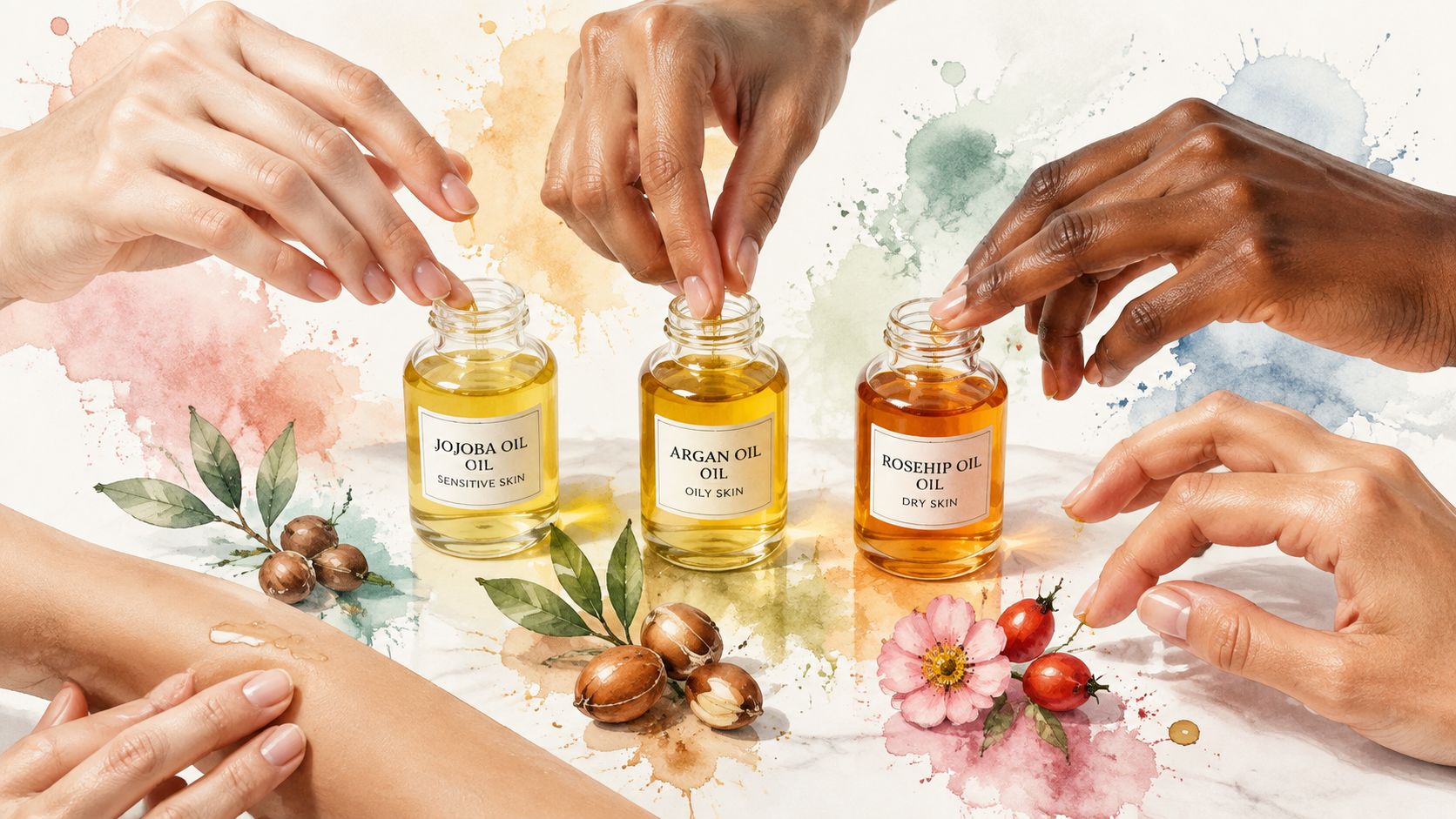 Diverse hands applying various natural face oils on a marble background with botanical illustrations of skincare ingredients.