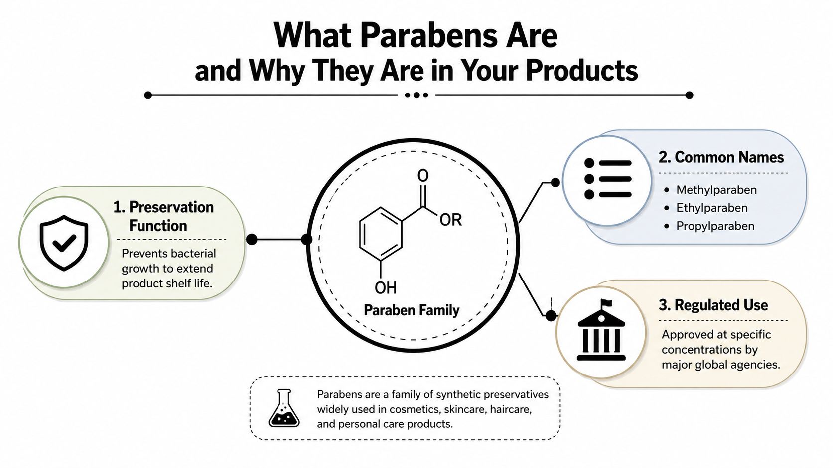 An infographic explaining what parabens are, their preservation function, common names, and regulated use in cosmetics.