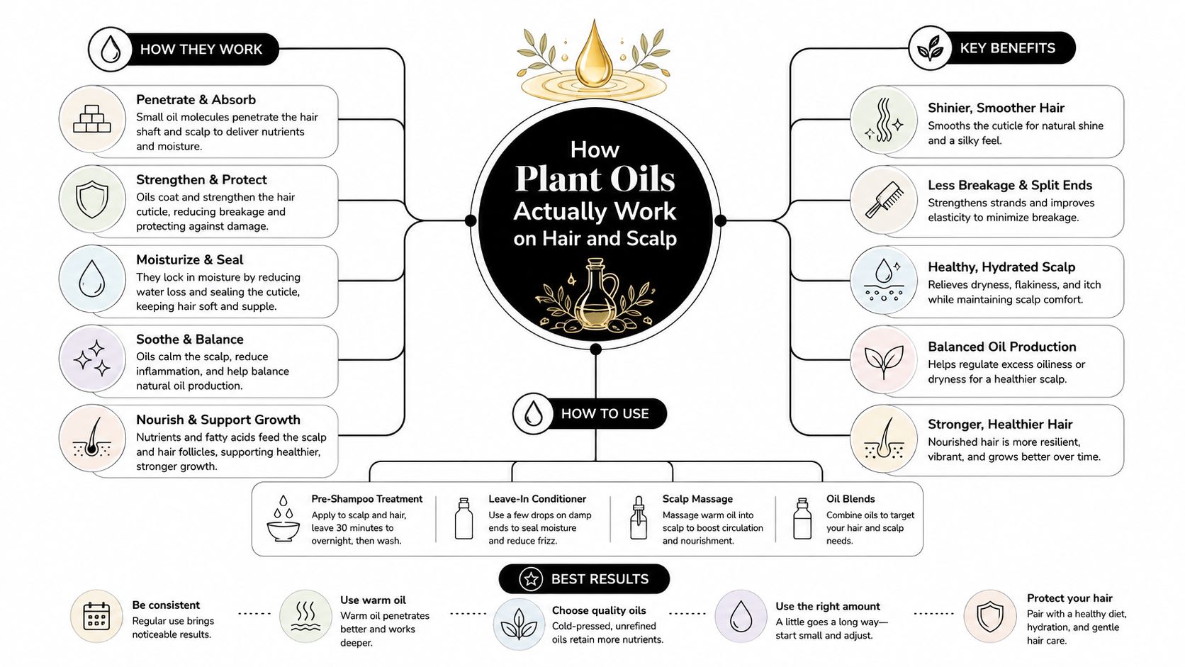 An infographic titled How Plant Oils Actually Work on Hair and Scalp explaining benefits, usage, and tips.