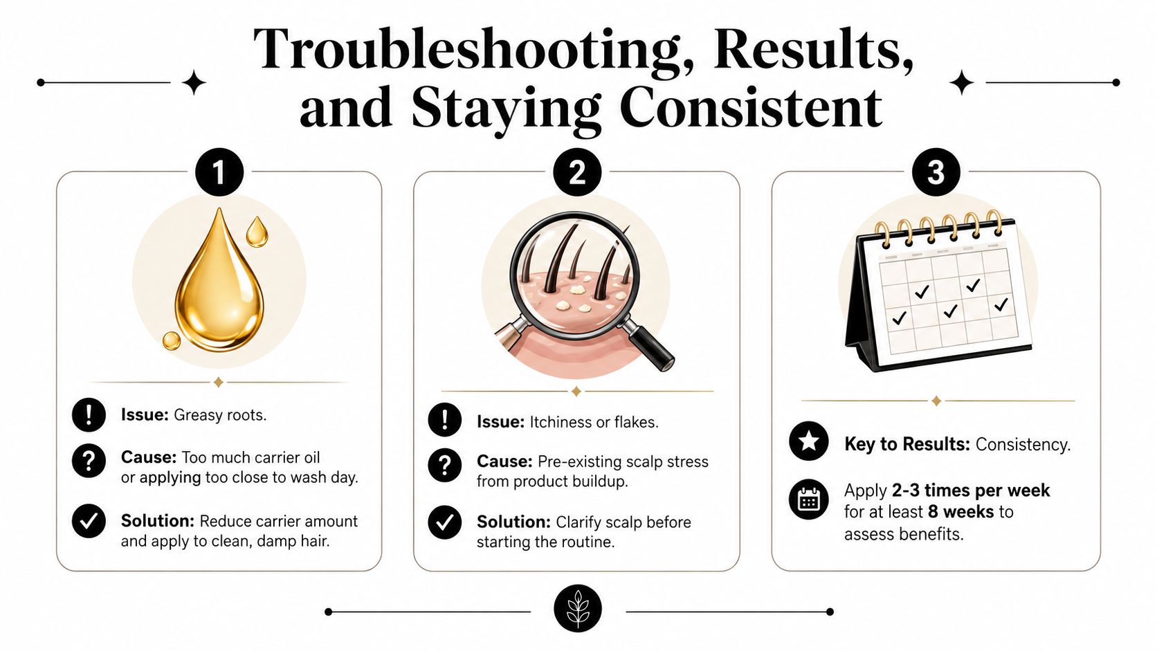 A troubleshooting guide for hair oil application with tips on managing greasy roots, itchy scalp, and consistency.