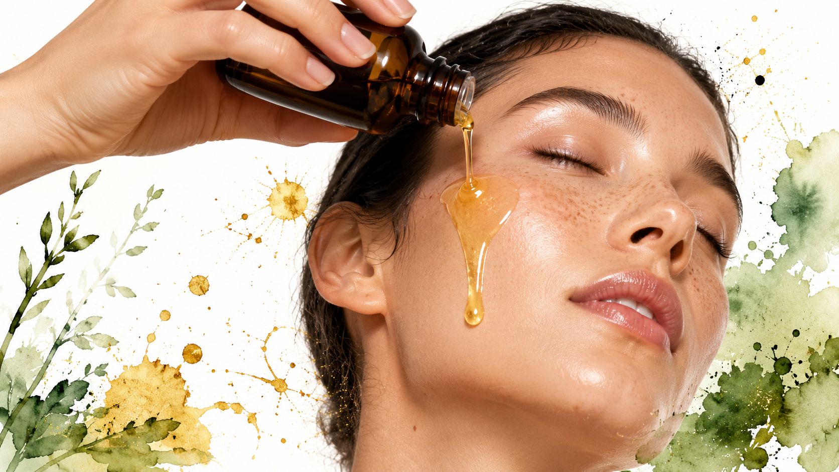 A young woman applying a natural golden oil serum to her glowing skin with an eyedropper bottle.