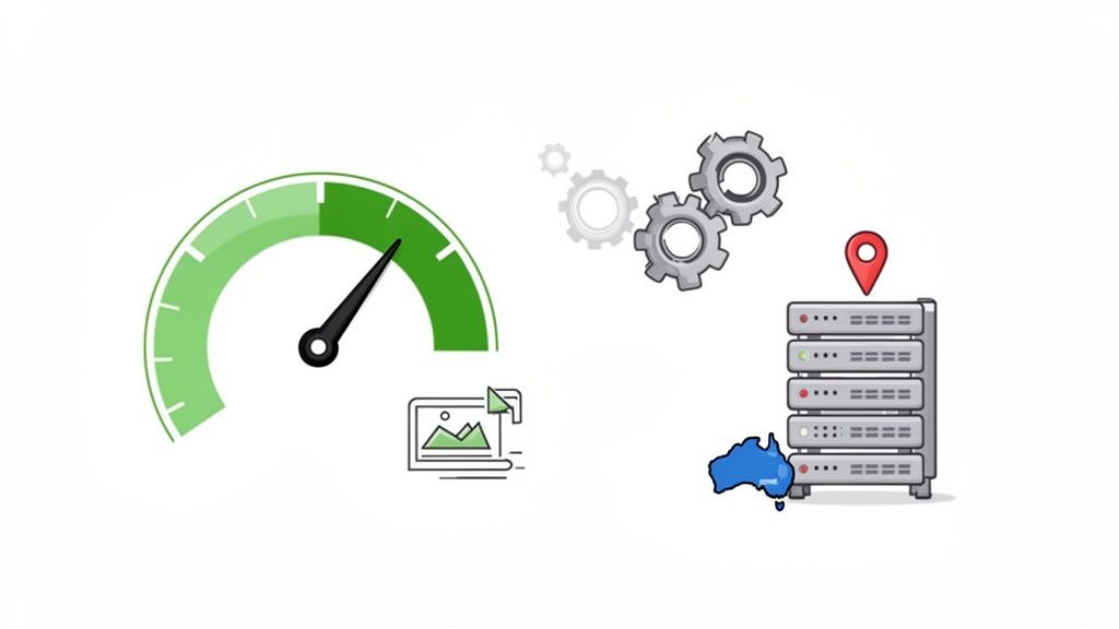 Optimized web performance illustrated with a gauge, gears, laptop, and australian servers.