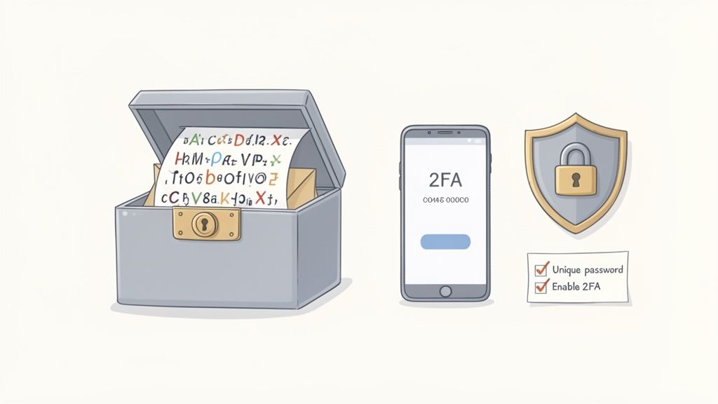 Forgot Your Mailbox Password? A Quick Guide to Regain Access 5 An illustration showing digital security: a password manager chest, 2fa on a phone, and a security checklist.