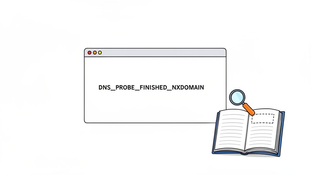 Fix dns probe finished nxdomain: Quick Steps to Restore Access 3 A browser displays 'dns_probe_finished_nxdomain' error, with a book and magnifying glass for research.
