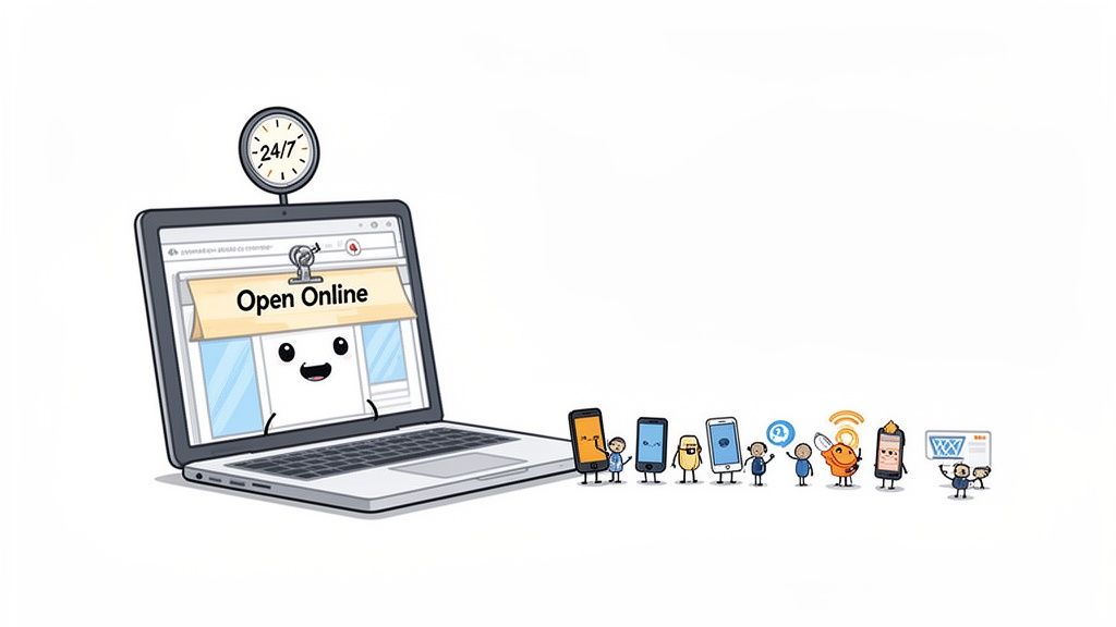 Laptop displaying 'open online' and a 24/7 clock, surrounded by cartoon mobile devices and online service characters.