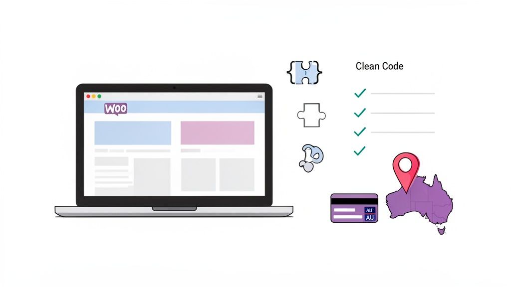 A laptop displays a woocommerce website with symbols for clean code, plugins, and australian payment integration.
