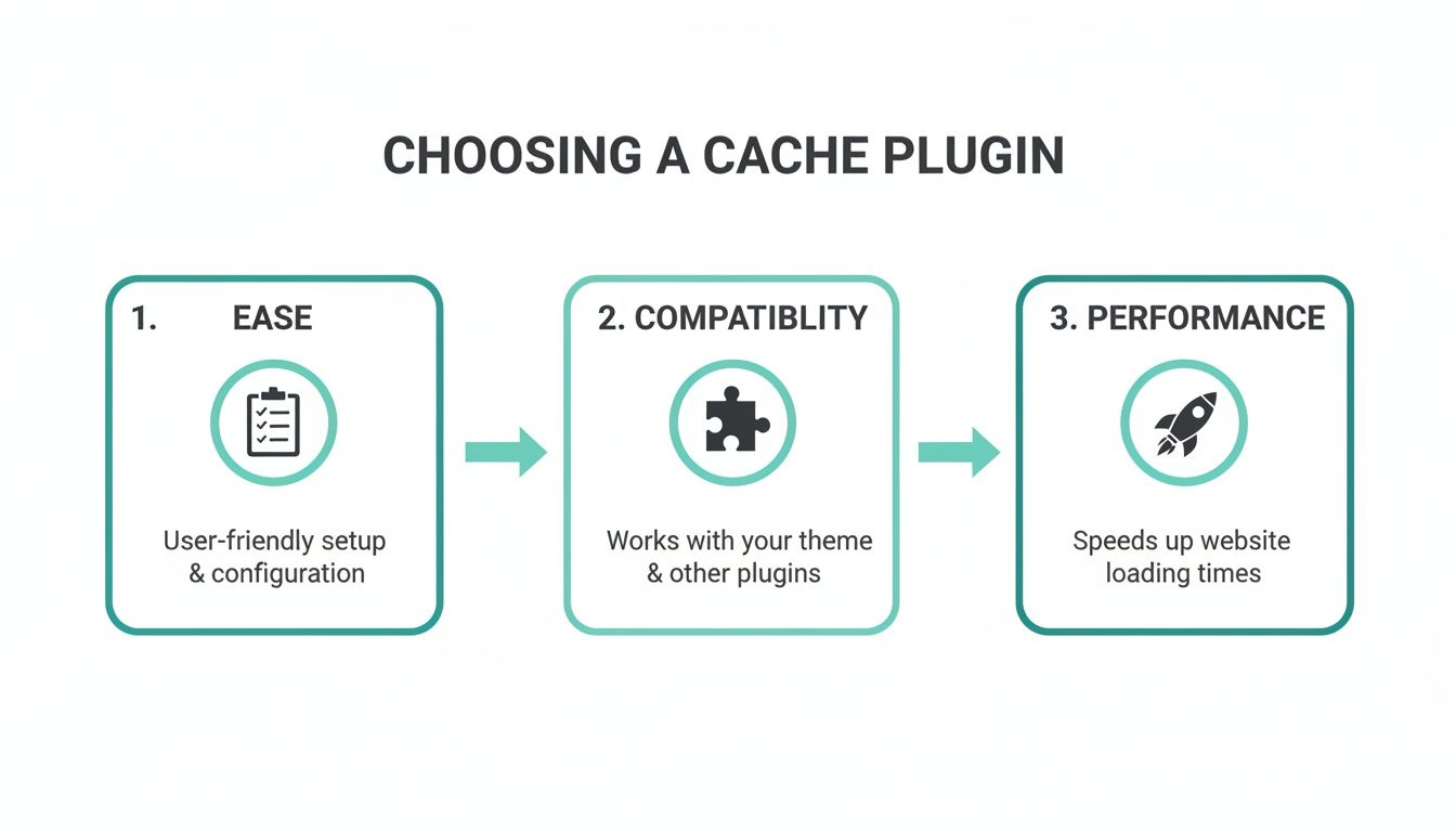 Improve WordPress Speed with a Cache Plugin A Practical Guide 3 Flowchart outlining three key factors for choosing a cache plugin: ease, compatibility, and performance.