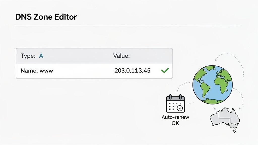 Fix dns probe finished nxdomain: Quick Steps to Restore Access 6 Dns zone editor displaying an a record for 'www' with an ip address, auto-renew, and global network.