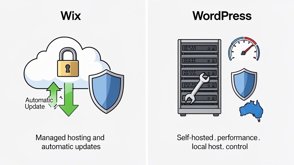 Wix v WordPress: An In-Depth Guide to wix v wordpress for Australian Businesses 4 Comparison of wix and wordpress showing managed hosting with automatic updates versus self-hosted control and performance.