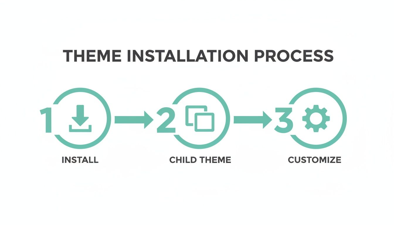 Diagram illustrating the three steps of theme installation process: install, child theme, and customize.