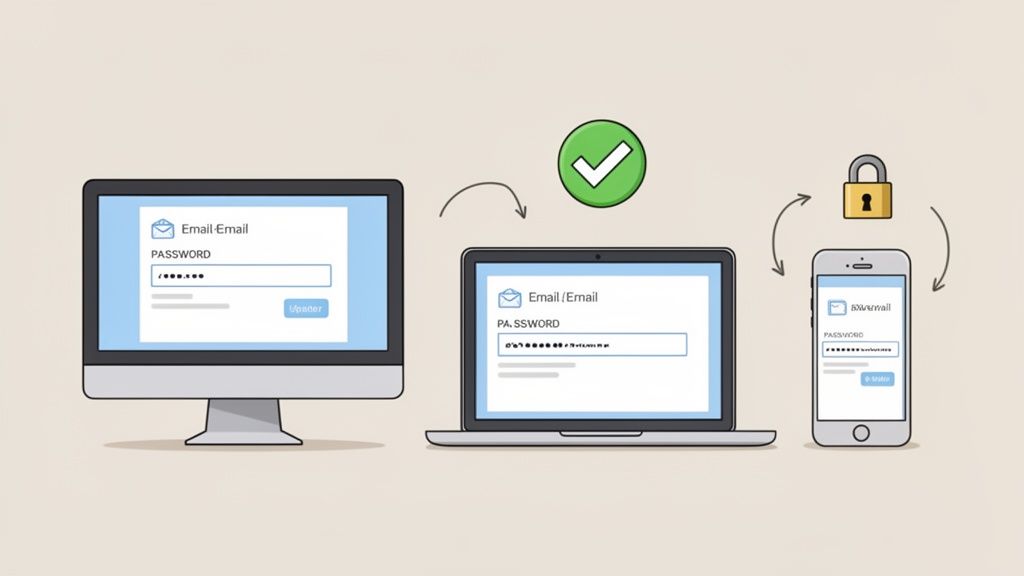 Forgot Your Mailbox Password? A Quick Guide to Regain Access 3 Login screens for email and password on desktop, laptop, and smartphone, emphasizing secure access.