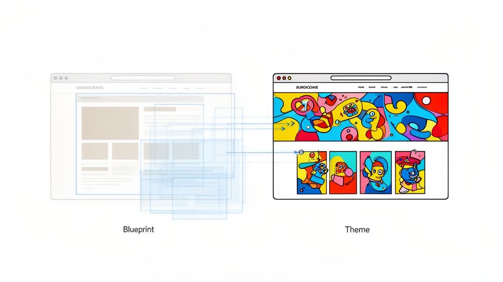 Your Guide to Finding the Perfect WordPress Theme 1 A blueprint wireframe of a webpage layout transforming into a colorful, illustrated website theme.