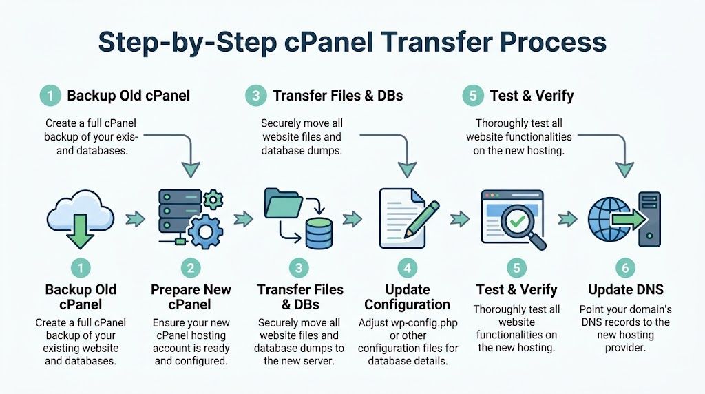 A step-by-step infographic illustrating the professional process for transferring a website between cpanel hosting accounts.