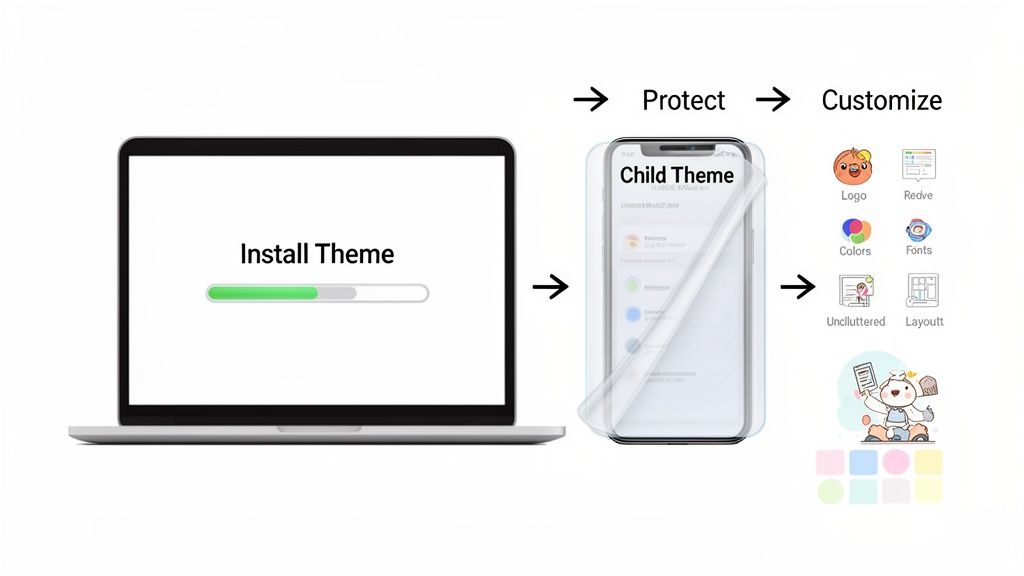 Your Guide to Finding the Perfect WordPress Theme 6 A visual guide to installing a theme, protecting it as a child theme, and customizing design elements.