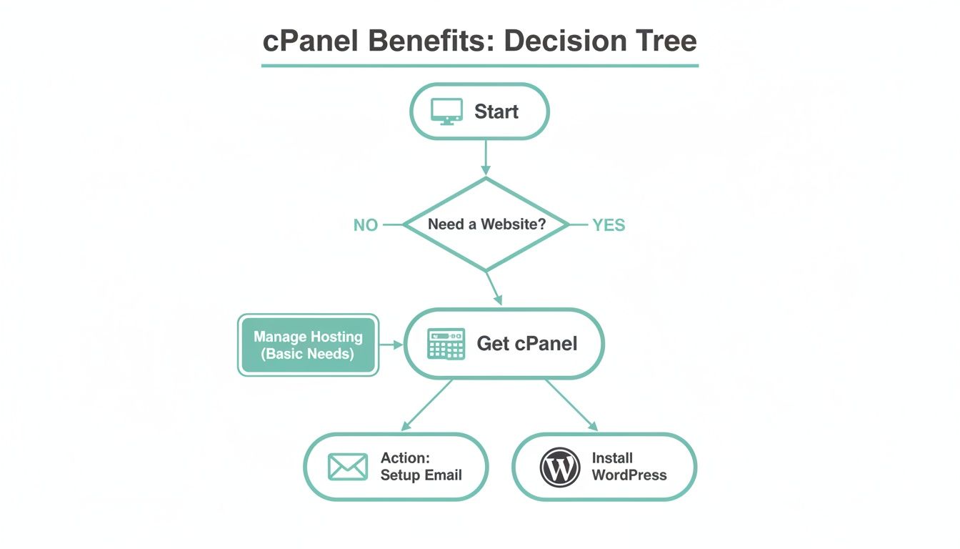 Flowchart illustrating cpanel benefits, guiding users through website and hosting decisions with options.
